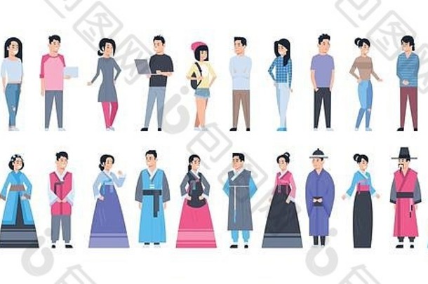 集亚洲人穿传统的服装现代衣服完整的长度孤立的