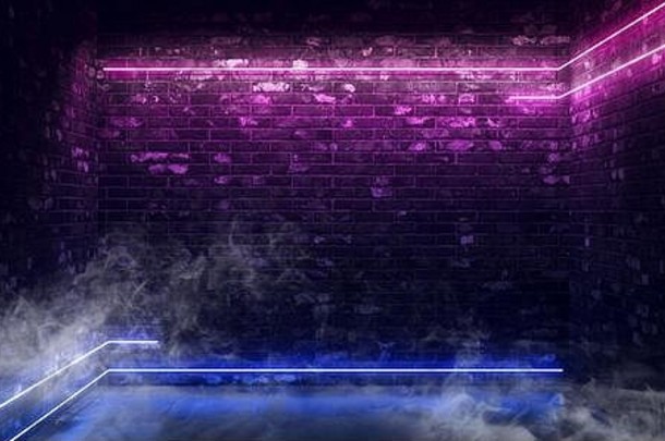 烟雾未来主义线条霓虹灯发光激光紫色潘通蓝色科幻砖俱乐部时尚舞蹈俱乐部车库仓库工作室混凝土水泥地板