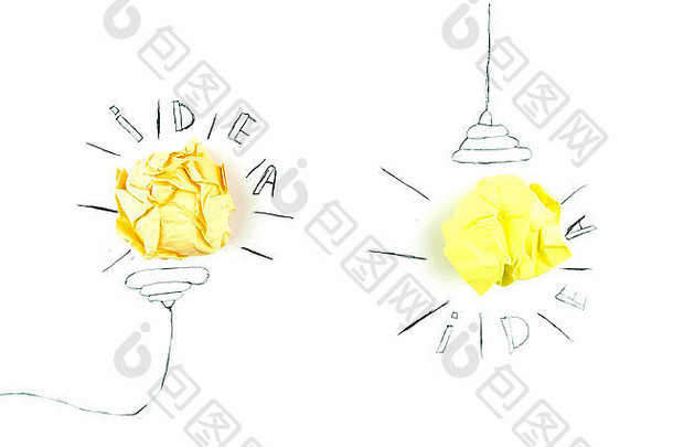有创意的概念的想法的想法画光灯泡皱巴巴的纸黄色的球
