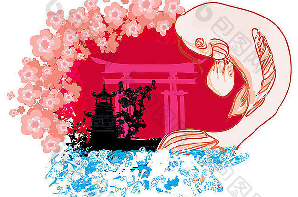 日本锦鲤与古建筑背景