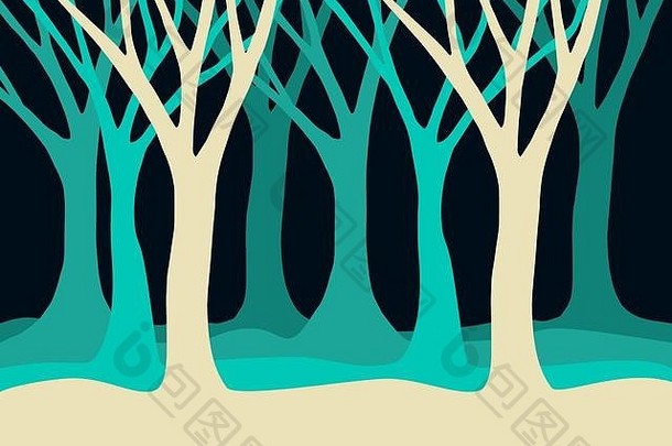 概念森林插图，带有蓝色的空树轮廓，用于环境或自然设计。EPS10载体。