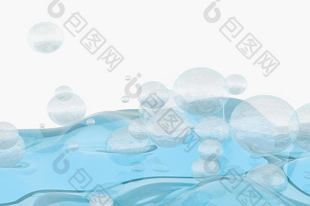 浅蓝色水波立方体，创意球体泡泡，3d渲染。水资源概念