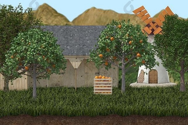 农业概念呈现橙色树风车绿色草山背景