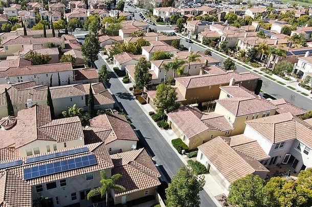 鸟瞰郊区社区，相同的别墅相邻。圣地亚哥，加利福尼亚州，美国。住宅现代细分豪华住宅鸟瞰图，带游泳池。