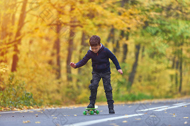 孩子滑板者滑板技巧秋天环境