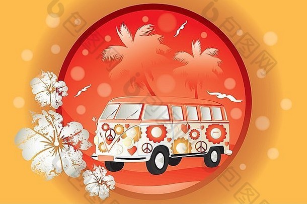 复古巴士，橙色背景上有花卉图案和棕榈树
