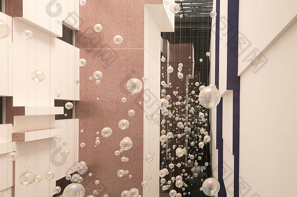 建筑物入口大厅中的悬浮气泡和汇聚线