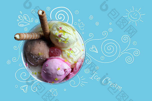 一杯有卷薄饼的冰淇淋。带有蓝色背景和手绘元素的冰淇淋。