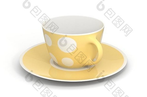 茶碟上的孤立空古典瓷白茶杯，白色背景上有简单的黄案。模拟餐具。3D Il