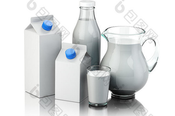 牛奶玻璃壶玻璃瓶纸箱包牛奶孤立的白色插图