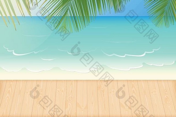 天堂般的白色沙滩被清澈湛蓝的海水、天然的木质甲板和棕榈树叶所环绕