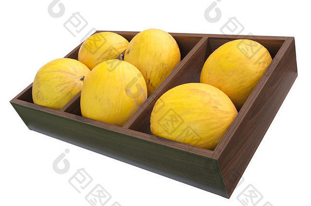 木箱中的黄色瓜，靠近街道市场的瓜果，白色