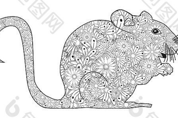 手绘zentangle鼠标，用于成人和其他装饰品的着色书