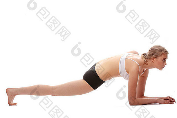 年轻的女人瑜伽锻炼孤立的白色背景