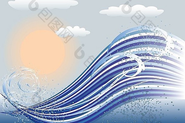 海洋背景由波浪、海水和太阳构成