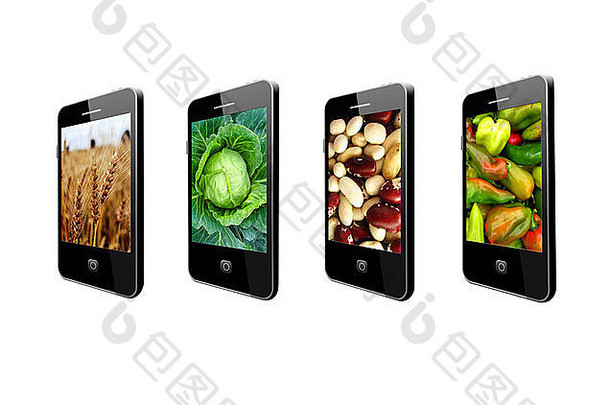 具有不同蔬菜鲜明图像的现代手机