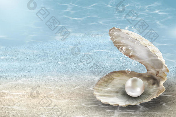 珍珠背景，蓝色海洋涟漪下的牡蛎壳中有一颗珍珠般的粉红色闪亮珍珠