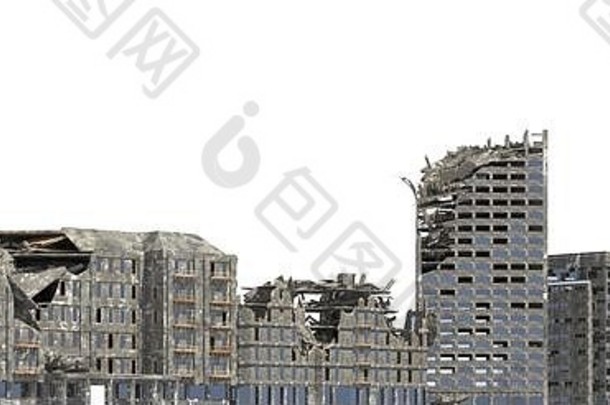 白色3D插图上孤立的废墟建筑