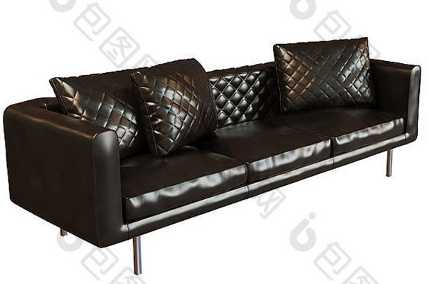 黑色真皮三层沙发的3D照片级真实感图像，与白色背景隔离