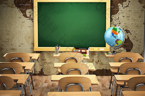 空荡荡的教室里有课桌、椅子和黑板。三维