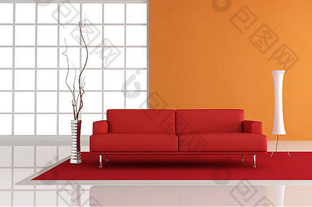 橙色灰泥墙前的红色真皮沙发，渲染