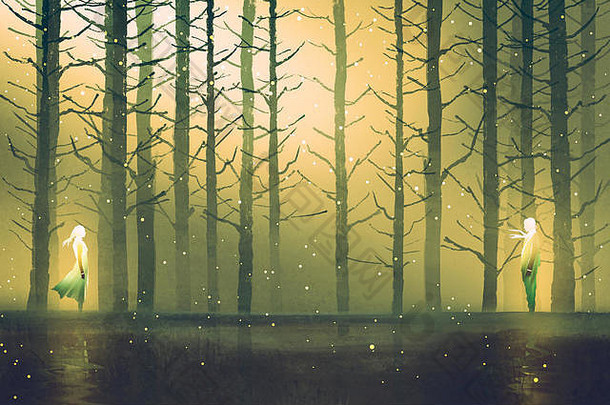男人和女人站在夜森林的对面，画插图