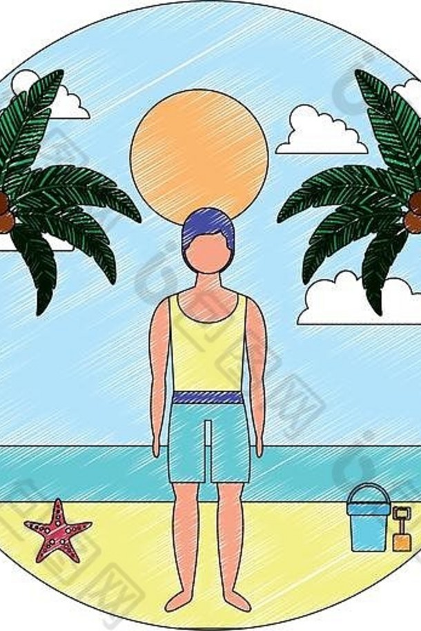 热带海滩上穿着泳衣的男人