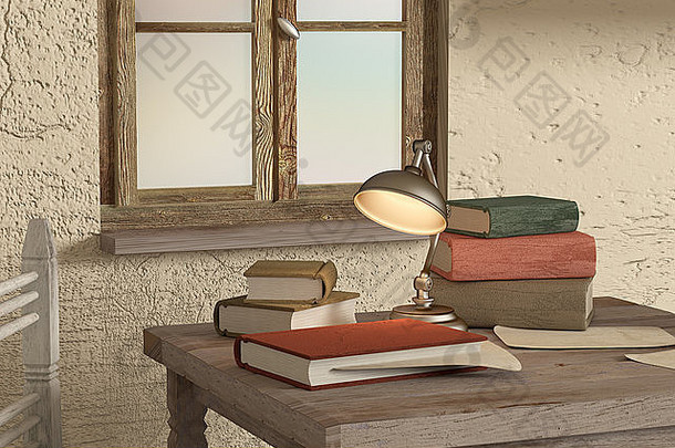 一些旧书和肮脏房间上的灯的3d渲染