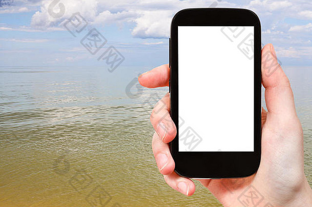 旅行概念<strong>旅游照片</strong>平静水亚速海海智能手机减少屏幕空白的地方advertisin