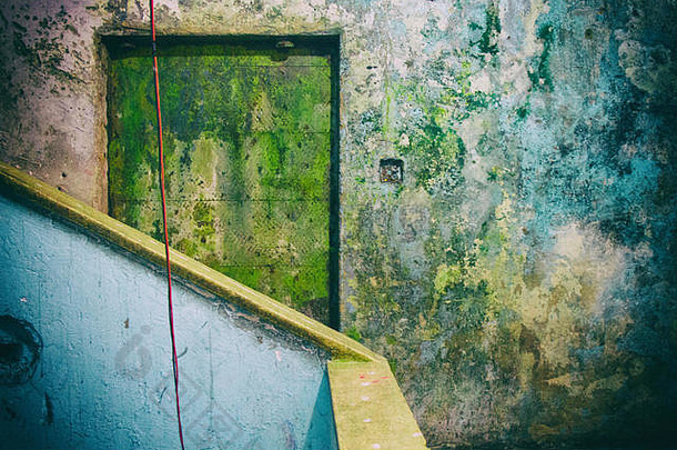 在一座废弃的建筑物里，破旧的黄门和蓝色的墙。没有人。