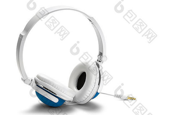 白色背景上隔离的蓝色和白色大耳机。