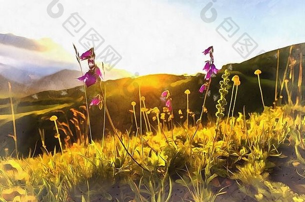 风景山景观高加索地区山色彩斑斓的绘画图片