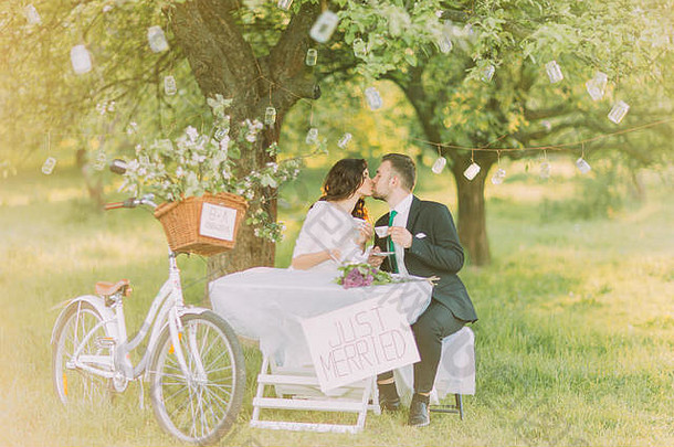 <strong>浪漫</strong>的皮克尼克在公园的树下。快乐的新娘和她时髦的新婚丈夫一起喝茶。装饰自行车站在附近