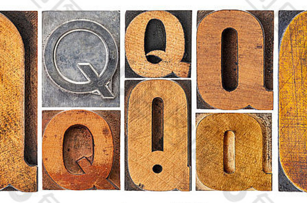 字母Q-8独立复古活版木版和金属版，带有墨绿，多种字体