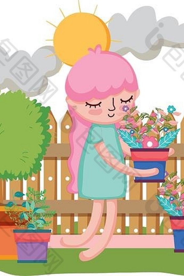 女孩在花园里用篱笆吊起室内植物