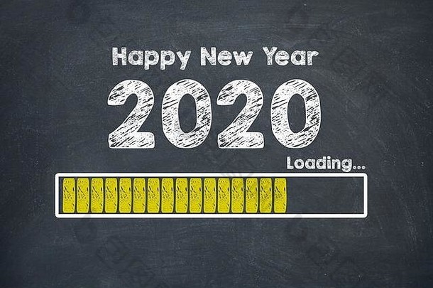 2020年<strong>新</strong>年快乐。带有加载文本和加载百分比条的黑板
