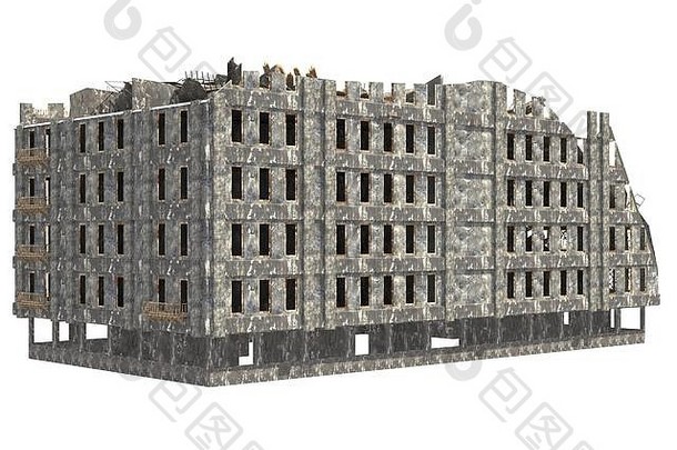 白色背景上孤立的废墟建筑3D插图