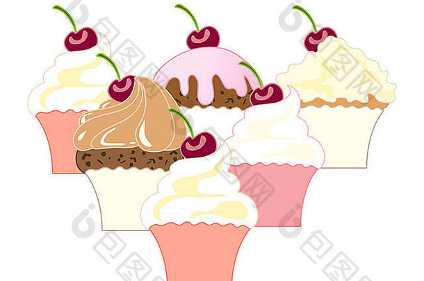 六个装饰着樱桃的花式纸杯蛋糕的插图，在白色背景上分开