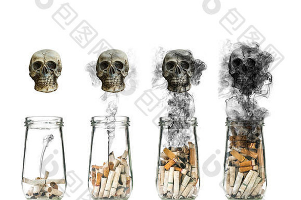 烟蒂在瓶子里用烟燃烧着生命的头骨，世界无烟日