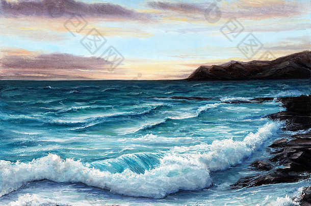 原始石油绘画显示海洋海海岸海滩帆布现代印象主义现代主义marinism