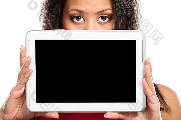 技术互联网概念混合比赛女孩覆盖脸电脑显示空白复制空间屏幕平板电脑触控板
