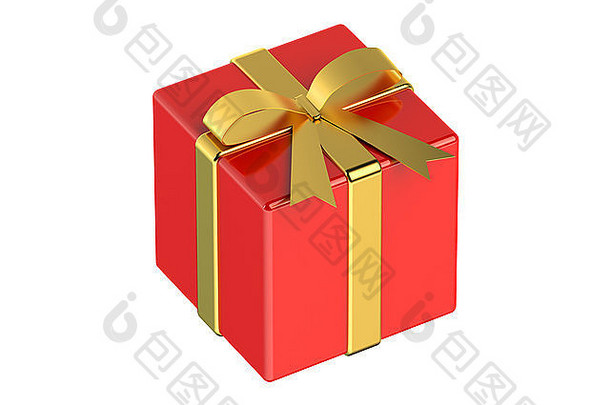 红色的礼物盒子黄金丝带弓孤立的白色背景