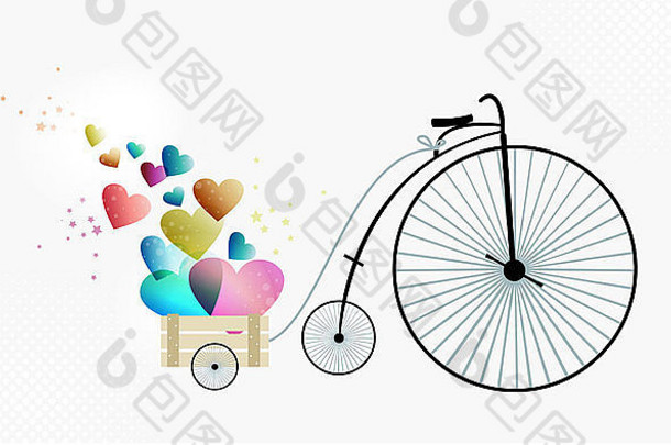 情人节爱的复古自行车。EPS10插图，透明胶片分层，便于操作和自定义着色。