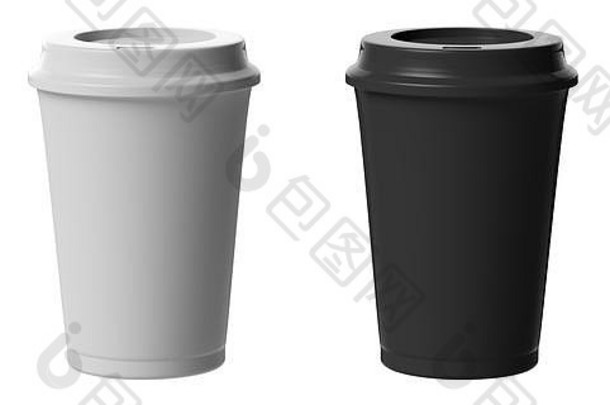 咖啡带走的概念。黑白咖啡杯，2个，带盖，切口，白色背景上隔离，3d插图。