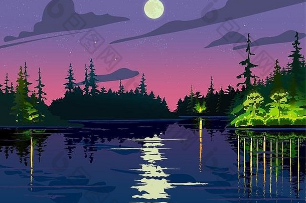 夜晚，夏天，湖泊，陆地，月亮，星星，天空。