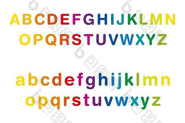 彩虹色字母表，大写和小写，排成一行。从A到Z的多色标准字母集。白色背景上的独立插图