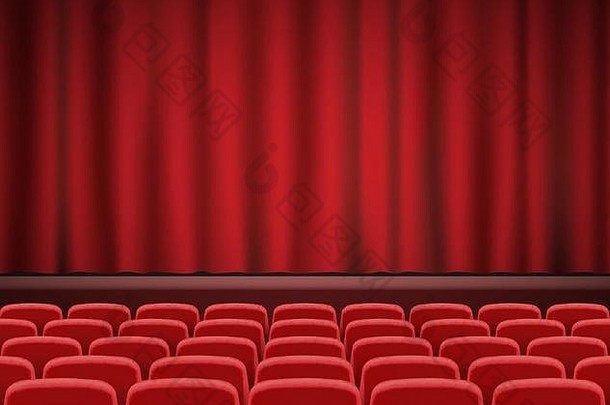 行红色的电影剧院座位前面显示阶段