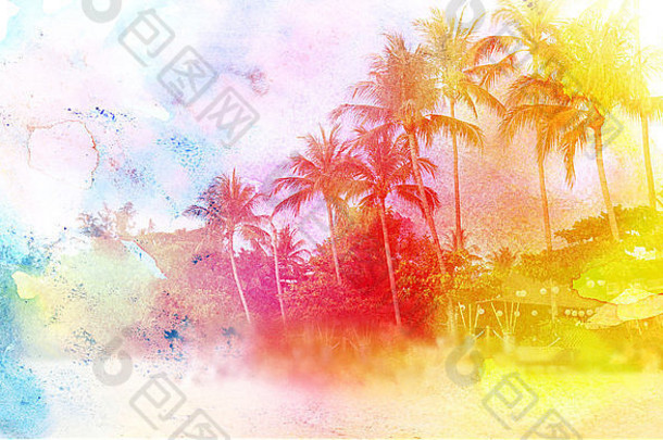 可爱的水彩复古的棕榈岛美丽的图片