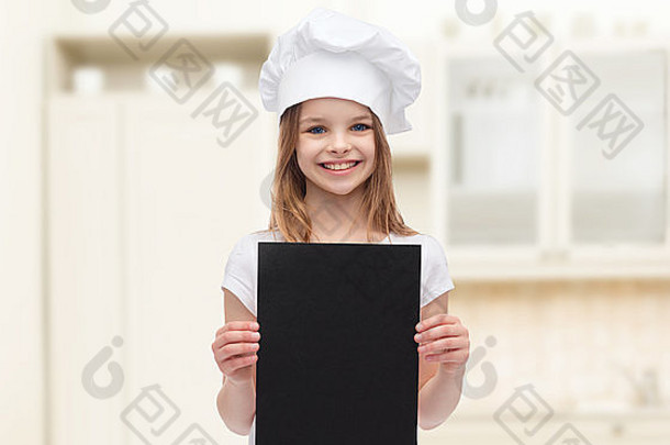 小厨师或面包师，拿着空白的黑纸