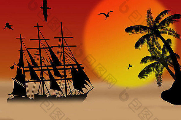 古董帆船航行日落热带海景背景插图